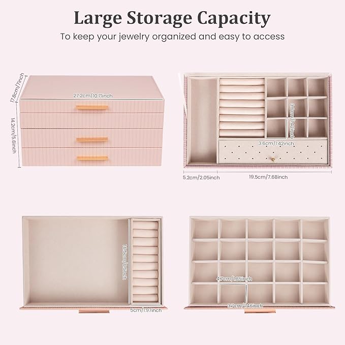 Dajasan Jewelry Box Organizer, 3-Tier Jewelry Storage Organizer with 2 Drawers, Large Jewelry Box for Girls Women, PU Leather