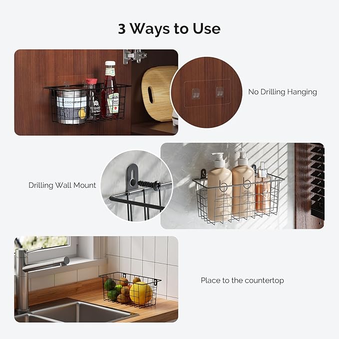 MaraFansie Hanging Kitchen Baskets Wire Storage Basket Adhesive and Screws Basket Over the Cabinet Door Organizer with Adhesi