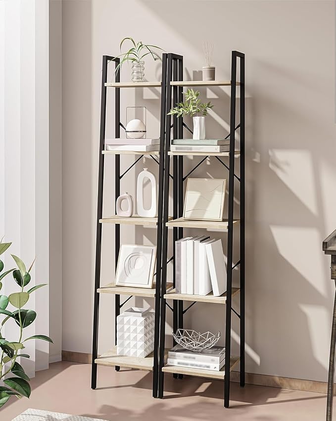 Hzuaneri Ladder Shelf, Bookshelf Bookcase, Freestanding Corner Storage Shelve with 2 Hooks for Home Office, Living Room, Kitc