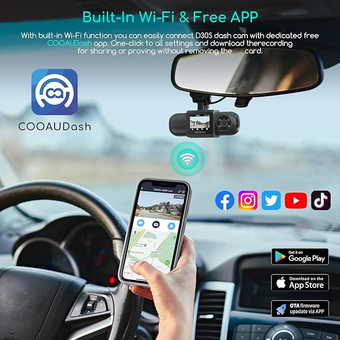 COOAU D30S 4K Dash Cam with GPS Wi-Fi, Front and Inside Dual 2.5K 1080P, Uber Car Camera with Infrared Night Vision, Supercap