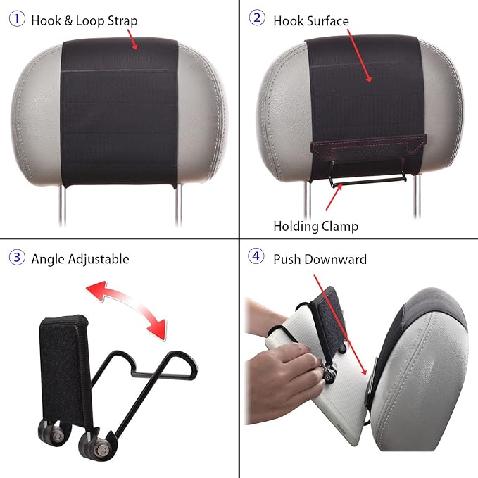 Universal Car Headrest Mount Holder with Angle-Adjustable Clamp - for Use with iPads, Galaxy Tablets and More
