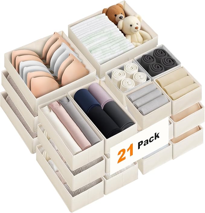 Premium Natural Linen Drawer Organizer Clothes, 21 Pack Dresser Organizer for Baby Clothes, Underwear, Socks, 3 Sizes Foldabl