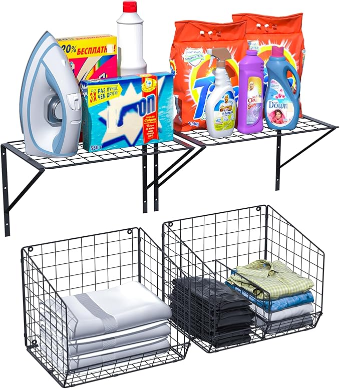 4 Pack Laundry Room Shelves Wall Mounted with Wire Baskets, Laundry Room Organizer and Storage, Over The Washer and Dryer Wir