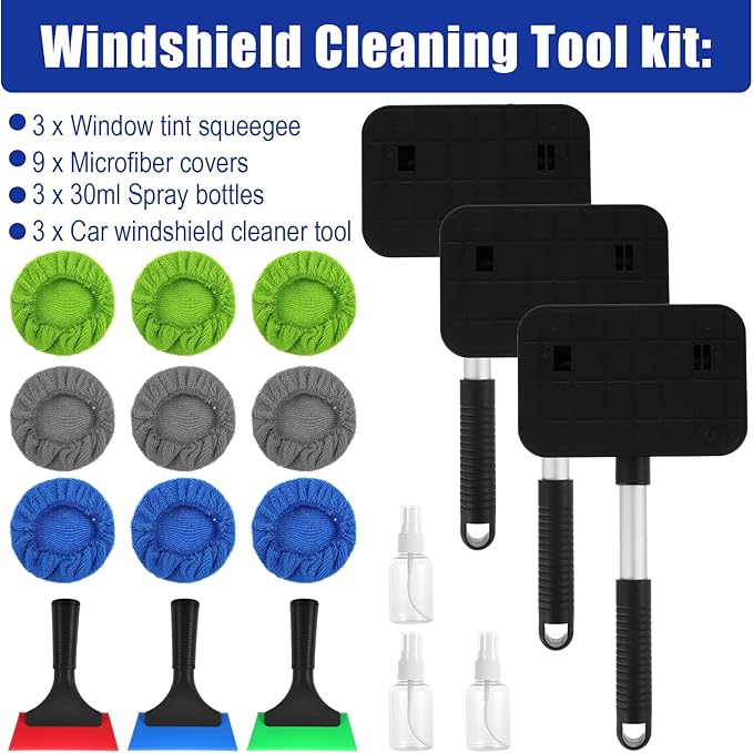 18PCS Windshield Cleaner Tool, Inside Car Window Cleaning Tool with 3 Window Tint Squeegee, 9 Microfiber Pads and 3 Spray Bottles for Car Windshield Window, Mirror, Glass Door