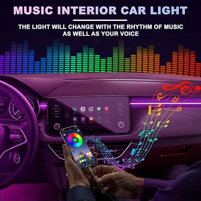 Car Interior LED Strip Lights, 10m RGB 8 in 1 Car Ambient Decor Neon Lights Kit 400 inches Fiber Optic tubing USB Powered RGB with Wireless APP Remote Control, Ambient Lighting Kits 16 Million Colors