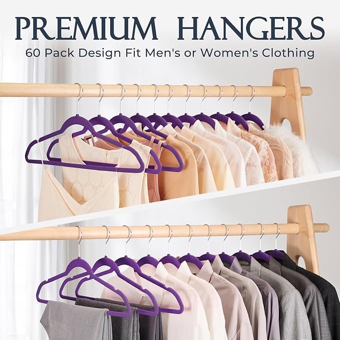 HOUSE DAY Noble-Purple Velvet Hangers 60 Pack, Non Slip Clothes Felt Hanger Heavy Duty for Coat, Premium Slim Space Saving Su