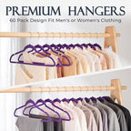HOUSE DAY Noble-Purple Velvet Hangers 60 Pack, Non Slip Clothes Felt Hanger Heavy Duty for Coat, Premium Slim Space Saving Su