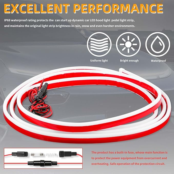 94.5 Inch Car Hood Light Strip, White Exterior Dynamic Car LED Hood Light, Flexible & Waterproof, Universal Exterior Daytime Running Light Strip with Fuse Protection for Cars, SUVs, Trucks