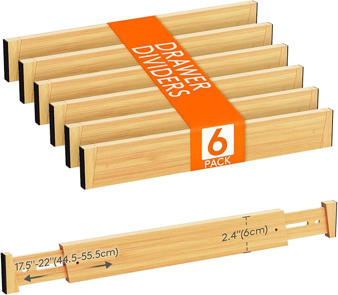 Lifewit 2.4" High 6 Pack Bamboo Drawer Dividers 45-55cm/17.5-22" Adjustable Wooden Drawer Organizer for Clothes/Utensils, Exp