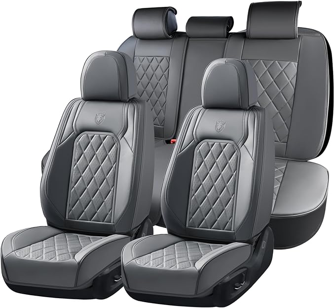 Coverado Car Seat Covers Full Set, Luxury Faux Leather Seat Covers for Cars, Waterproof Car Seat Protector, Gray Car Seat Cov