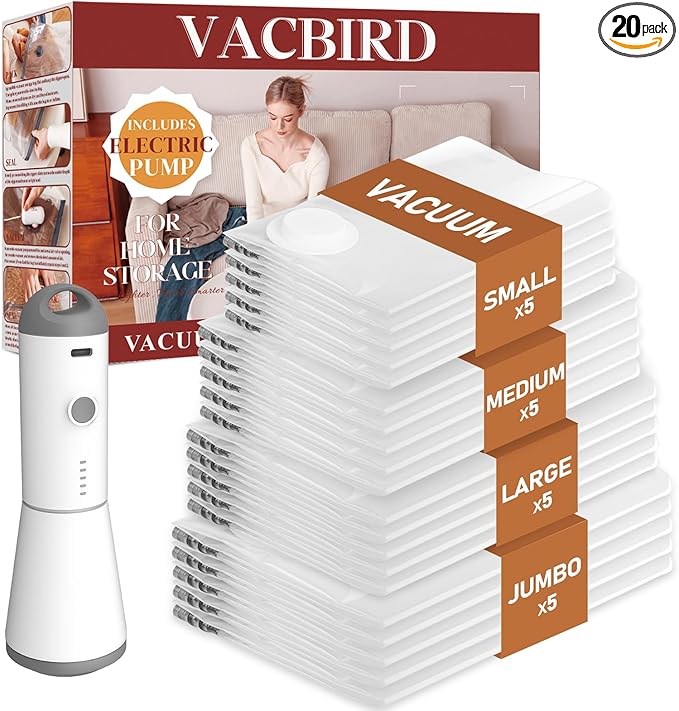 Vacbird Vacuum Seal Bags for Clothing, 20 Pack Vacuum Storage Bags with Rechargeable Cordless Air Pump(5J+5L+5M+5S), Space Sa