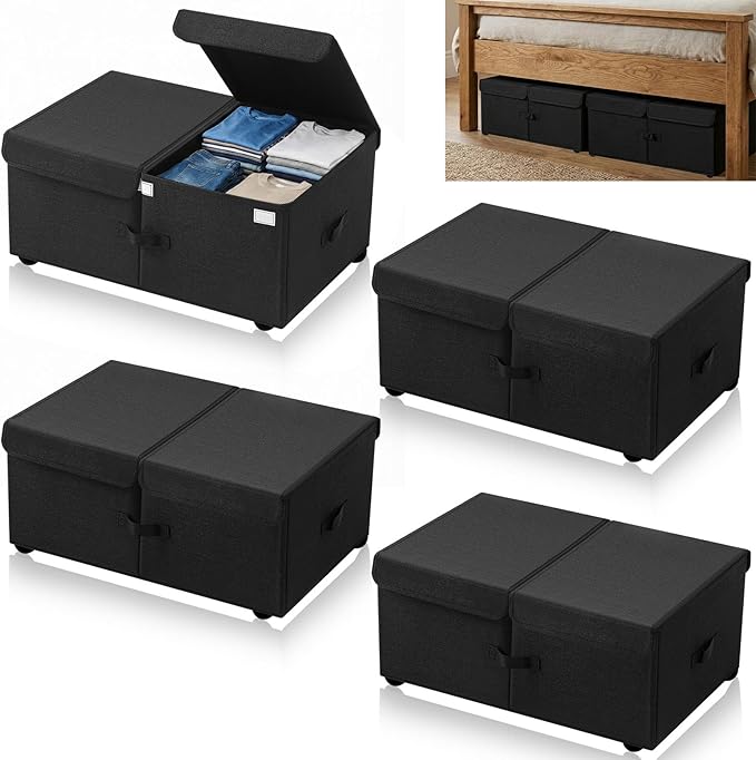 Geelin 4 Pcs Under Bed Storage with Wheels 10" High Underbed Containers with Lids Large Rolling Under Bed Organizer with Hand