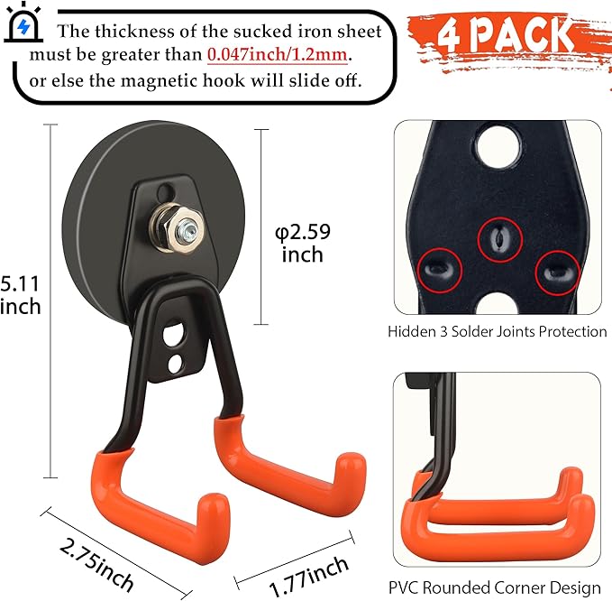 ULIBERMAGNET New Upgraded Heavy Duty Magnetic Garage Hooks,4 Pack Strong Large Magnet Hooks for Power Drill,Garden Tools,Hose