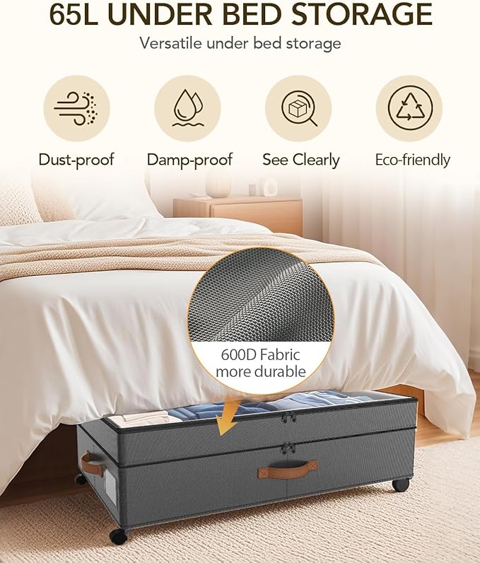 4 Pack Under Bed Storage with Wheels, Adjustable Height Storage Containers, 10 inches Large Capacity Rolling Underbed with Li