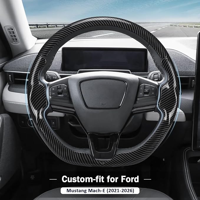 3-Piece Carbon Fiber Steering Wheel Cover for Ford Mustang Mach-E 2021-2026, Custom Fit Clip-On Quick Installation Ultra-Thin Interior Car Accessories for Men Women(Gloss Black)