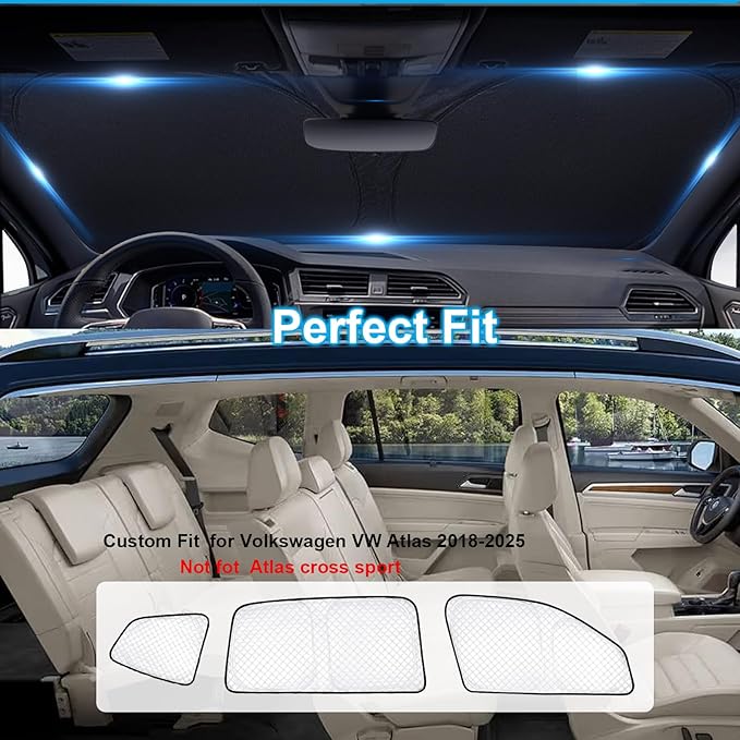 KMF 8pcs Thicken Car Sun Shades for Volkswagen VW Atlas (NOT Cross Sport) 2018-2025 Accessories, Full Car Window Covers Sunshade for Windshield Side Rear, UV Block and Privacy for Camping Outdoor