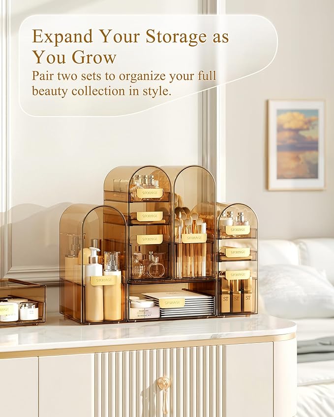 Makeup Organizer Countertop with Drawers & Lid, Skincare Organizer for Vanity, Large Cosmetic Organizer & Display Cases and S