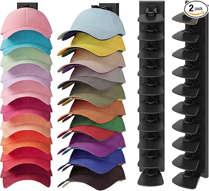 YOUDENOVA 2 Pack Hat Organizer for Baseball Caps, Adhesive or Screw-Mounted Hat Rack Holds 40 Hats, Hat Storage Display for W