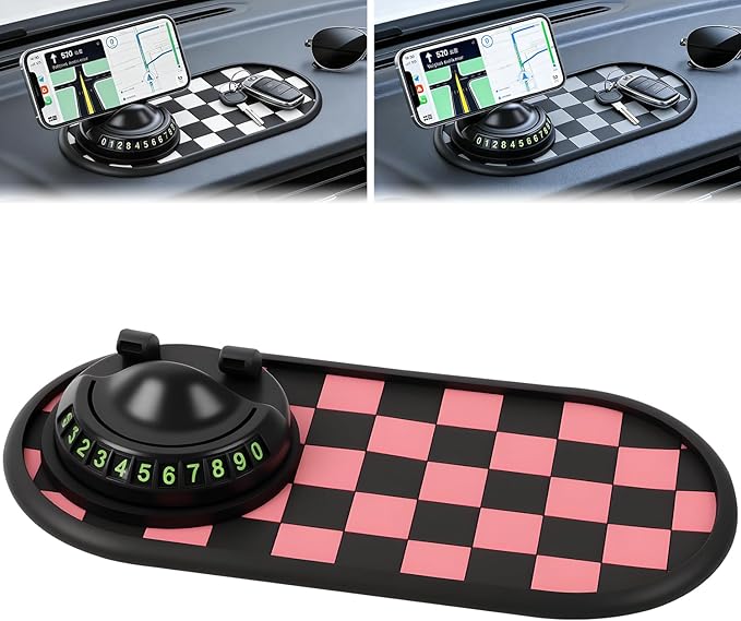 Mobile Phone Bracket Anti-Slip Mat,Multifunction Car Dashboard Mat with Temporary Parking Number,360° Rotating Adjustable Pho