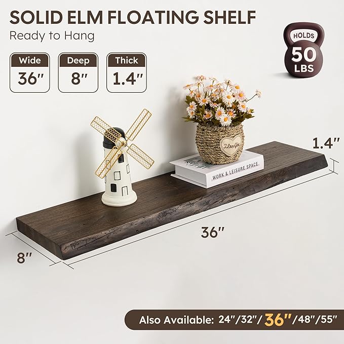 Floating Shelves Set of 2, Solid Elm Wood Wall Shelves 36 Inch - Invisible Bracket Mount for Living Room, Bedroom, Kitchen, B