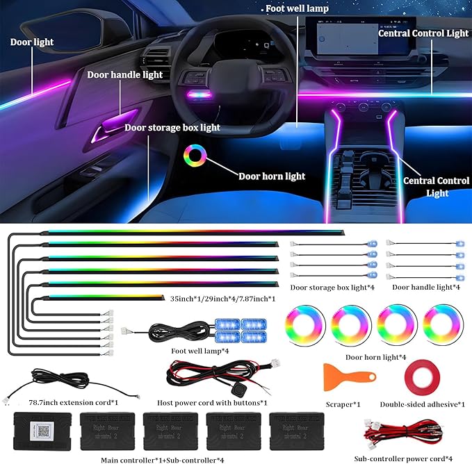 Acrylic Interior Car LED Strip Light,RGB 22 in 1 Neon Ambient Lighting Kits,Car Ambient Lighting with APP Control,LED Lights for Cars with Music Sync Dynamic Dreamcolor