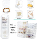 Clear Travel Jewelry Organizer Box, Rectangular Plastic Storage Container with 15 Sturdy Portable Small Cases for Organizing 
