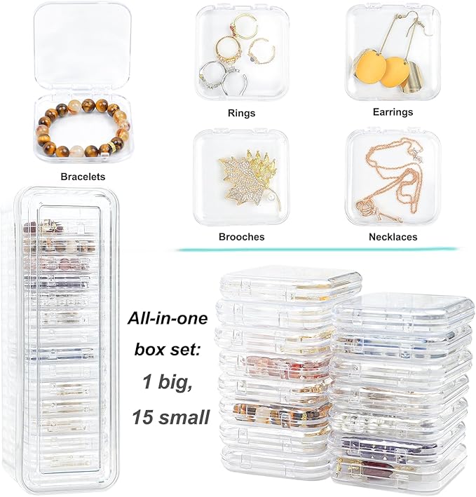 Clear Travel Jewelry Organizer Box, Rectangular Plastic Storage Container with 15 Sturdy Portable Small Cases for Organizing 