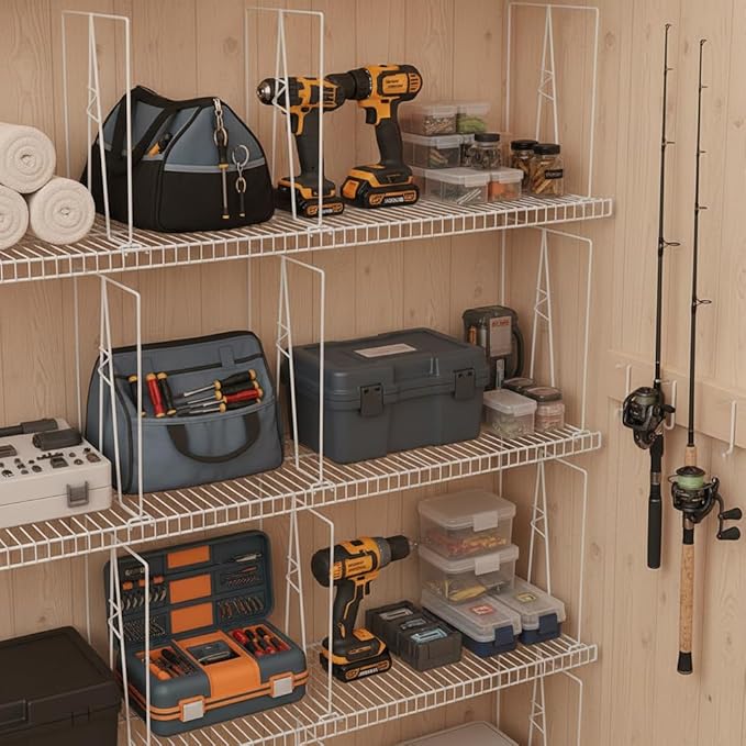 Wire Shelf Dividers - White Closet Organization & Storage Organizer - No Tool Shelf Divider for Wire Shelves - Metal Shelf Ac