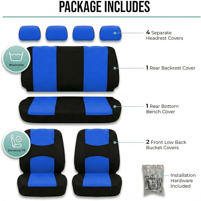 FH Group Flat Cloth Full Set Car Seat Covers Three Row 7 Seater - Universal Fit for Cars, Trucks & SUVs Blue