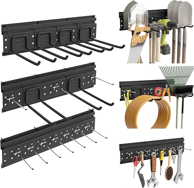Garage Tool Storage Organizer Wall Mount, Heavy Duty Metal Garden Tool Rack Kit, 48inch Tracks with 16 Hooks for Shovel, Broo