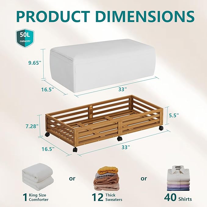 Wisuce Bamboo Under Bed Storage Containers- Underbed Organizer with Wheels with Large Dust Bag,Sturdy Wood Rolling Under the 