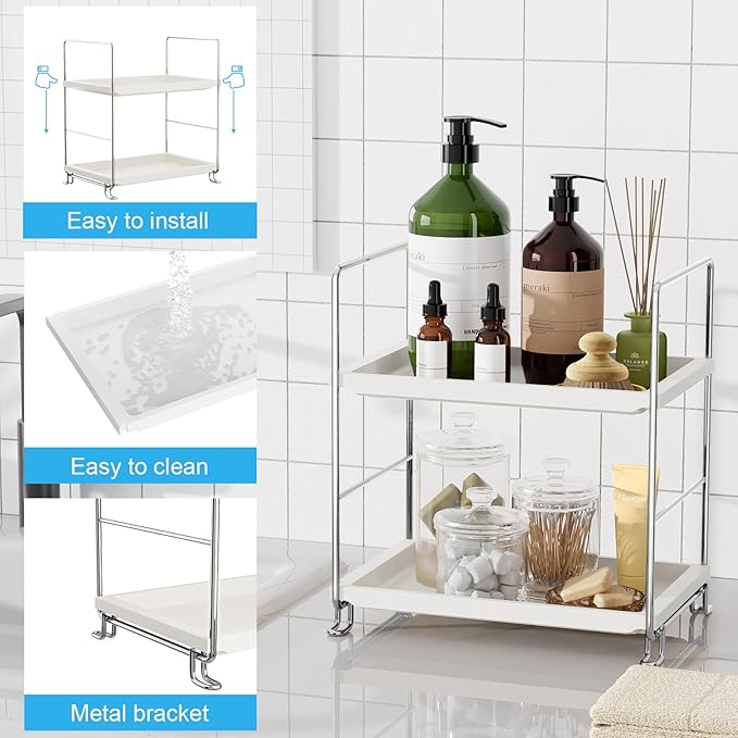 FSyueyun 2-Tier Bathroom Countertop Organizer, Tool-Less Installation Premium Plastics Makeup Shelf Organizer Perfume Skincar