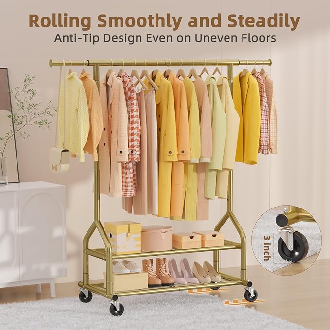 EAGMAK Heavy Duty Clothes Rack Load 556 LBS, Rolling Clothing Rack With Shelves, Height Adjustable Metal Clothes Hanger with 