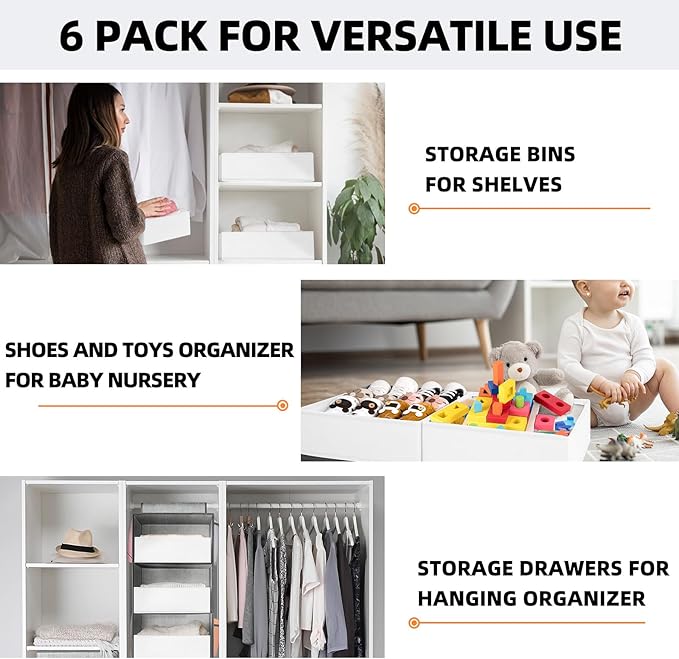Criusia Drawer Organizer Clothes 6 Pack White- Dresser Organizer Bins for Closet Bedroom - Baby Clothes Organizers and Storag