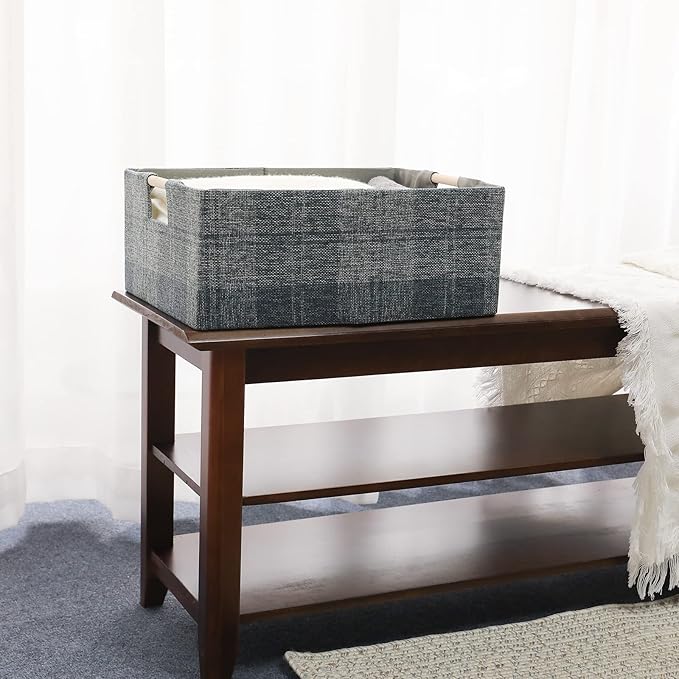 Fabric Storage Bin Box Collapsible Cotton Linen Storage Cube with Wooden Handles Rectangular Decorative Home Organizer Clothe