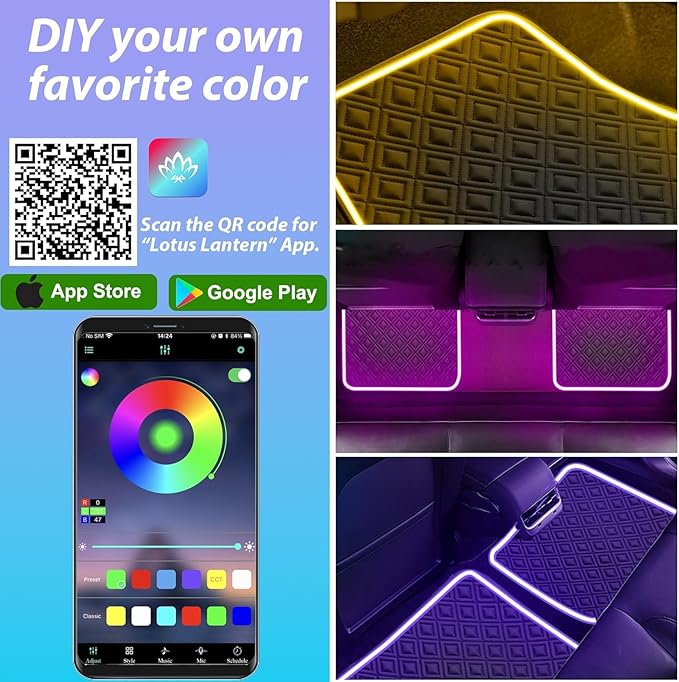Car Floor Mats with Led Strip Light, Universal Fit Black Automotive Carpet, Interior Car Lights Floor Mats, App Control Faux Leather Anti-Slip Waterproof Neon Car Decor Accessories for SUV,Sedan Etc.