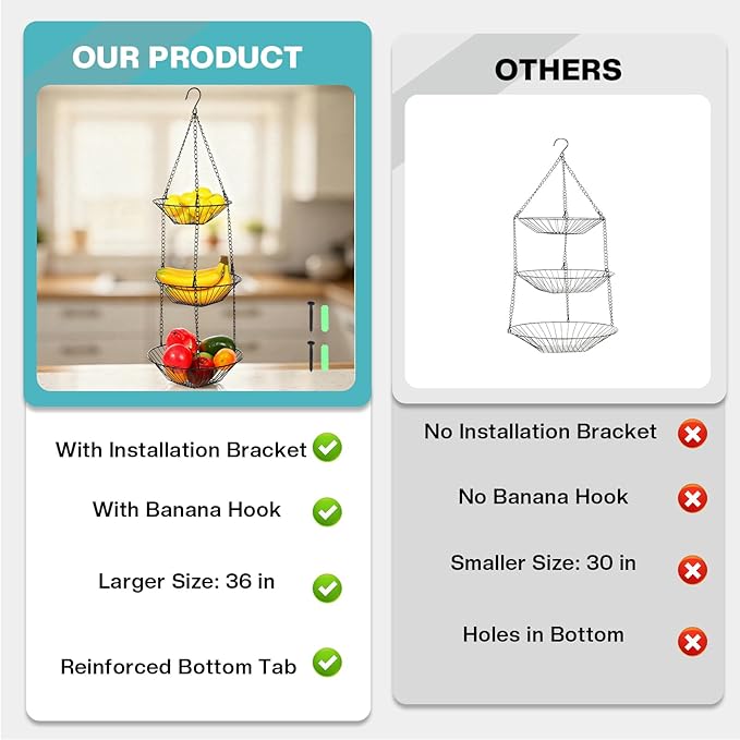 3 Tier Hanging Fruit Basket with Banana Hook, 34-Inch Heavy-Duty Wire Hanging Basket, Wire Vegetable Produce Organizer with I
