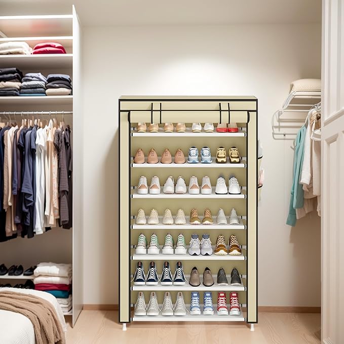 Laiensia 7-Tier Vertical Shoe Rack Organizer, Space Saving Shoe Storage Organizer, Non-Woven Cover Shoe Shelf Holds 28-35 Pai