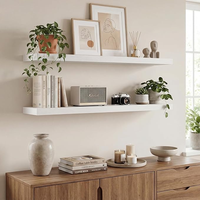 INHABIT UNION White Floating Shelves Set of 2, 35.43in Wall Mounted Display Ledge Shelves for Bedroom Bathroom Living Room an