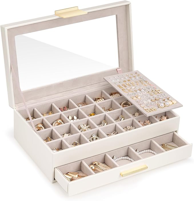 Lolalet Earring Storage Box Case with Glass Top, Large Earring Jewelry Holder Organizer Display with Drawer and Grid, Gifts f