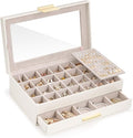 Lolalet Earring Storage Box Case with Glass Top, Large Earring Jewelry Holder Organizer Display with Drawer and Grid, Gifts f