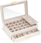 Lolalet Earring Storage Box Case with Glass Top, Large Earring Jewelry Holder Organizer Display with Drawer and Grid, Gifts f