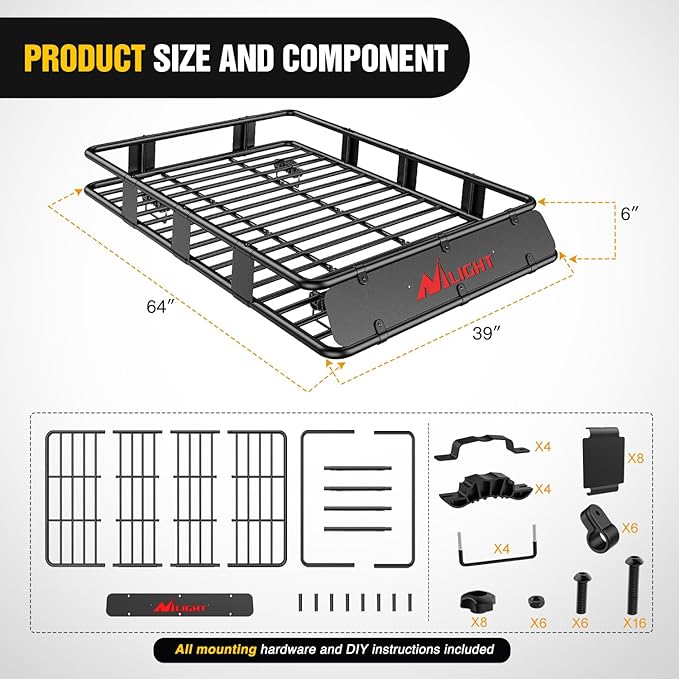 Nilight 64" x 39" x 6" Universal Roof Rack Cargo Basket Heavy-Duty 250LBS Capacity Rooftop Carrier Luggage Holder & Soft Waterproof|Cargo Bag|Net|Ratchet Straps for SUV Truck Vehicle