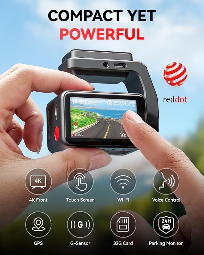 REDTIGER F4 4K Dash Cam Front, 2.2 inch Mini Car Camera, 2160P UHD Touch Screen, Voice Control, Included 32GB Card, Night Vis