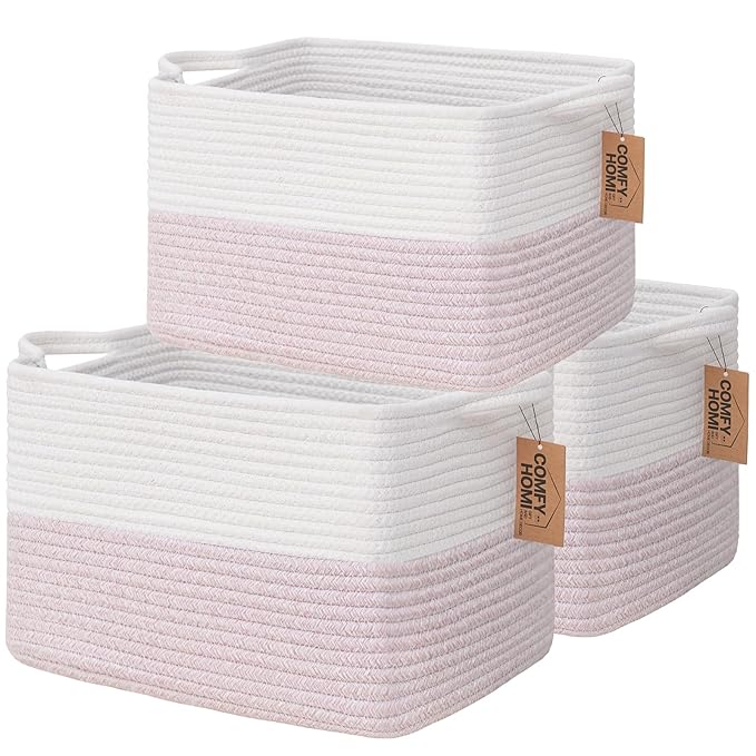 COMFY-HOMI 3PACK Cotton Rope Square baske with Handles for Shelves|Dog Toy baske Bin and Storage|Baby baske for Gift|Shoe bas