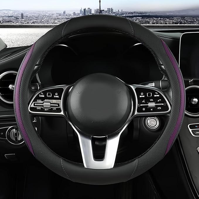Car Steering Wheel Cover, Leather Steering Wheel Cover Purple Universal 14.5-15 Inch Microfiber Leather Anti-Slip Breathable 