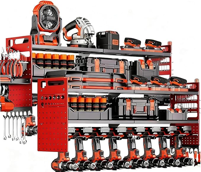 2-Pack Large Power Tool Organizer Wall Mount,Heavy Duty Cordless Tool Organizer with 18 Drill Holder,600 Lbs Capacity 3-Layer