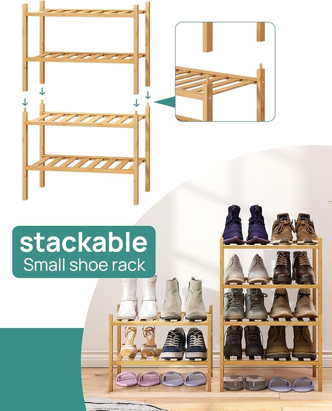 viewcare Small Shoe Rack, 4-Tier Rack for Entryway, Bamboo Wood Shoe Shelf for Closet & Hallway, Long 17 in | Beautiful | Fun