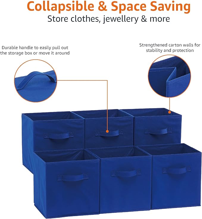 Amazon Basics Collapsible Fabric Storage Bins with Handles, Cube Organizer for Home Organization, 10.5"x10.5"x11", Navy, 6-Pa