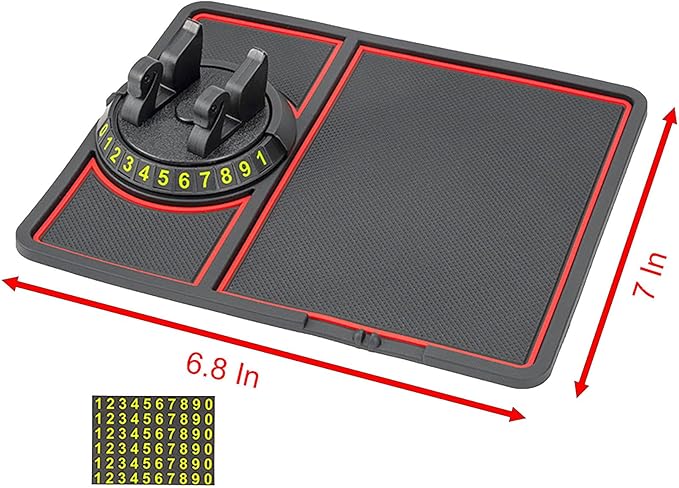 YIKANGHENG Anti Slip Pad Car Phone Holder with Phone Number Digits, 7 Inch x 8.6 Inch Black Red Rubber Base for Car (Black re